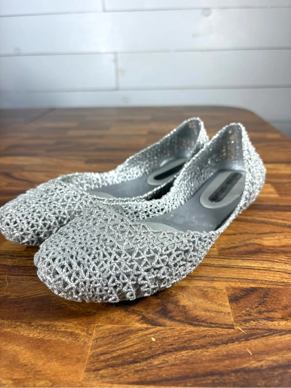 Melissa x Campana Papel Silver Glitter Jelly Ballet Flats Womens 6